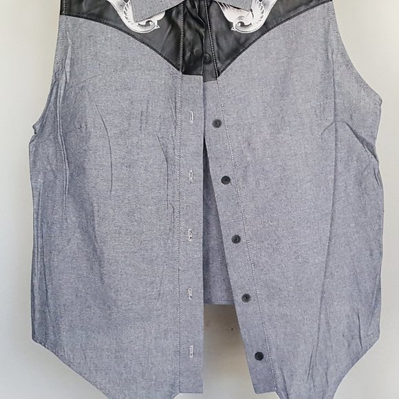 SEE YOU MONDAY Shirt XXL NWT Sleeveless Tie Waist Tattoo Swallows Chambray - Picture 3 of 8